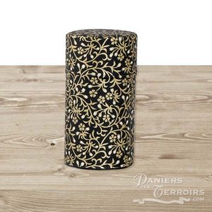 Washi tea caddy, metal and Japanese paper (black with gold flowers)