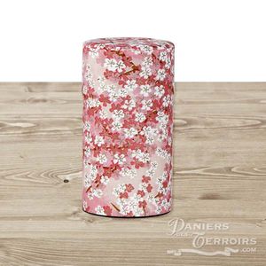 Tea caddy, metal and Japanese paper (pink and cherry blossoms)