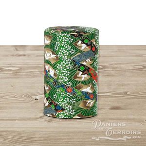 Tea caddy, metal and Japanese paper (green, decorated with birds and flowers)