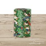 Tea caddy, metal and Japanese paper (green, decorated with birds and flowers)